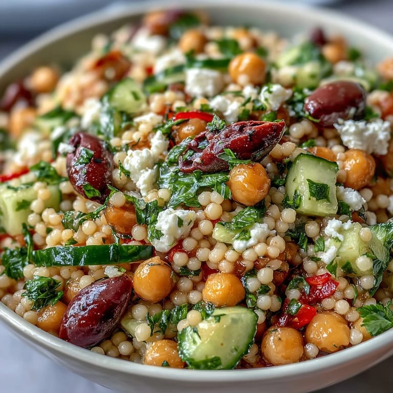 Serving suggestion for Mediterranean Pearl Couscous: a vibrant chilled salad with crunchy veggies and zesty oregano vinaigrette.