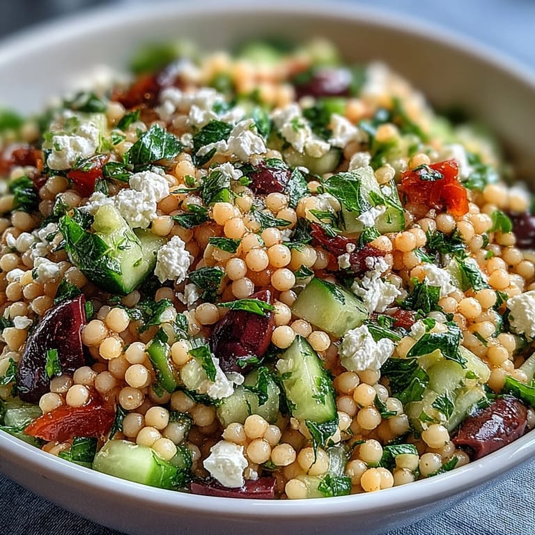 Close-up of Mediterranean Pearl Couscous topped with feta and herbs, perfect for a quick, easy, vegetarian lunch.