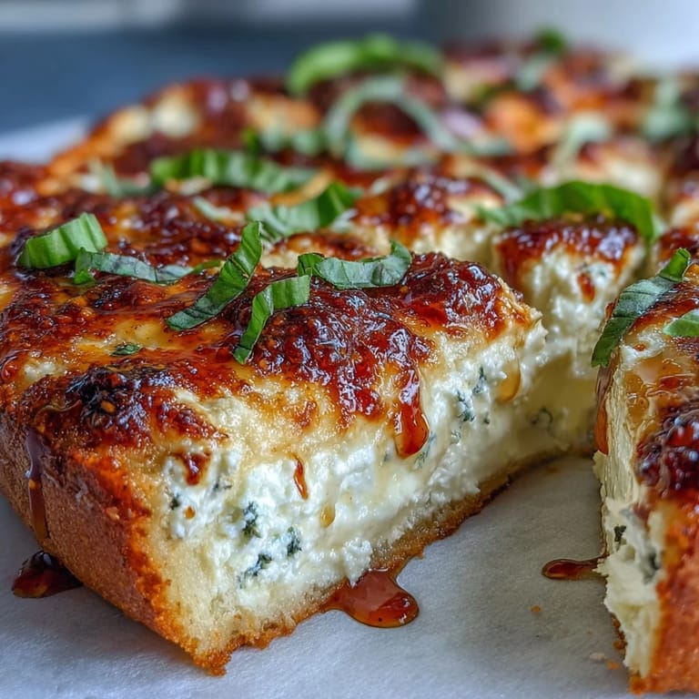 Close-up of Hot Honey Ricotta Pizza with melty cheese and fresh basil, served on a rustic wooden board ready for dinner.