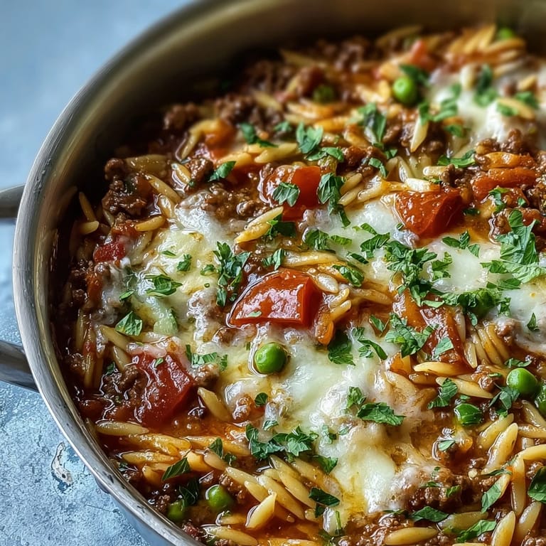 A hearty one-pan ground beef orzo dinner with savory tomato broth, fresh parsley garnish, and colorful vegetables perfect for family meals.