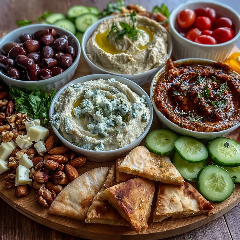 Colorful Mediterranean brunch board with dips and flatbreads, topped with feta, olives, and nuts.