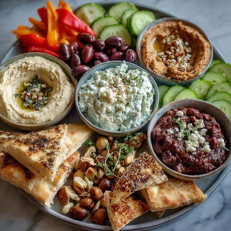Inviting Mediterranean brunch board spread with crisp cucumbers, bell peppers, and warm pita bread slices.