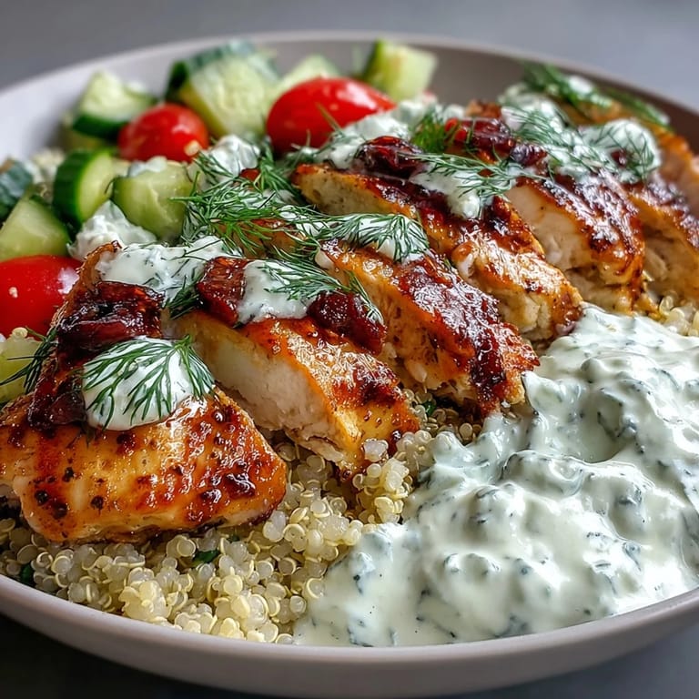 Colorful Greek Chicken Power Bowl topped with creamy tzatziki, cucumbers, tomatoes, and Kalamata olives.