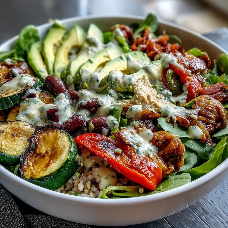 Creamy hummus and tangy Kalamata olives topped with zesty tahini dressing in this colorful Vegan Mediterranean Buddha Bowl.