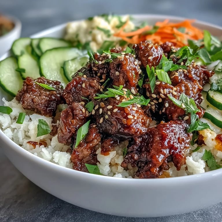 Savory Easy Korean Beef Bowl served over fluffy white rice, garnished with crisp cucumber slices and toasted sesame seeds, ready to eat.