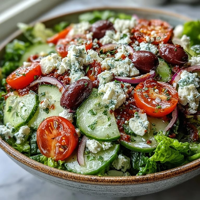 Colorful Greek Salad Bowl with cucumber, red onion, and creamy feta cheese