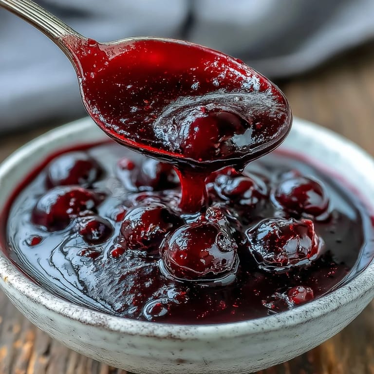 Thick Black Currant Reduction simmering in a saucepan with aromatics like thyme, bay leaf, and chopped shallot.