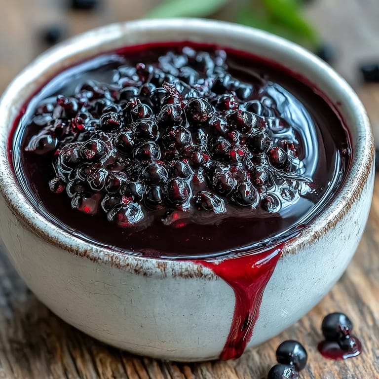 Close-up of a spoon lifting deep purple Black Currant Reduction, ideal for pairing with venison or charcuterie.