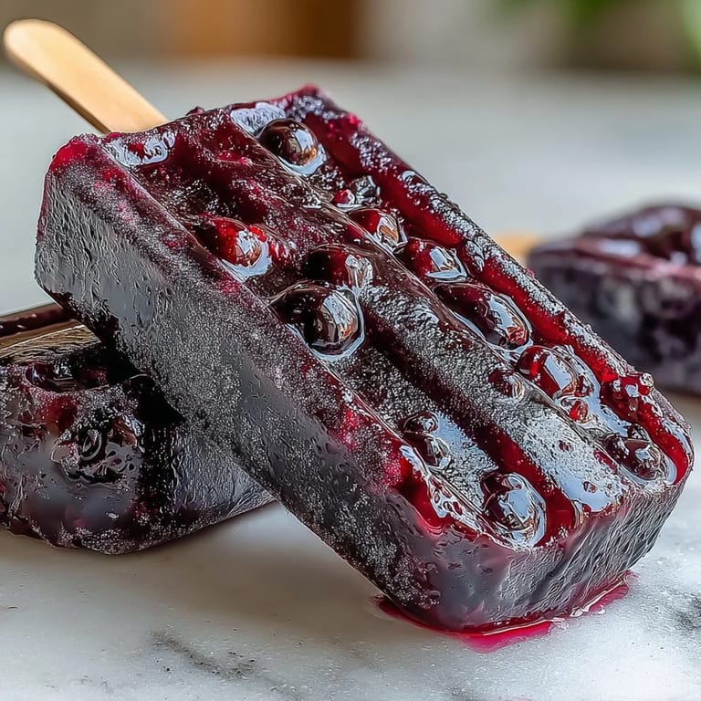 Close-up of a frozen Black Currant Popsicle showing chunky fruit texture and vibrant color, perfect for a cooling vegan dessert.