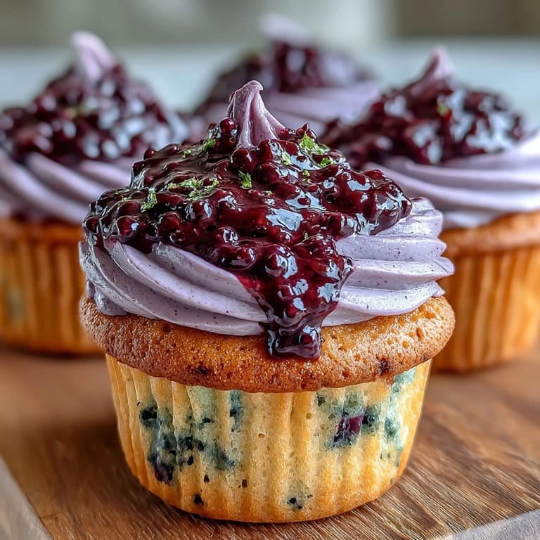 Glazed olive oil cupcakes with black currant frosting beside a cup of Earl Grey tea.