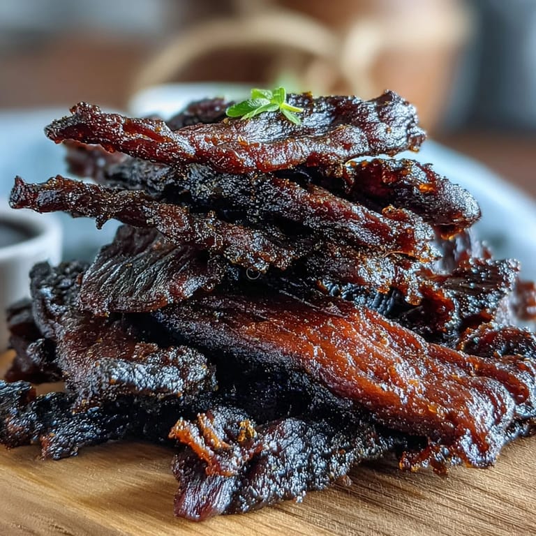 Tender pieces of Black Currant Smoky Jerky arranged on a plate, perfect for an appetizer or hiking snack.