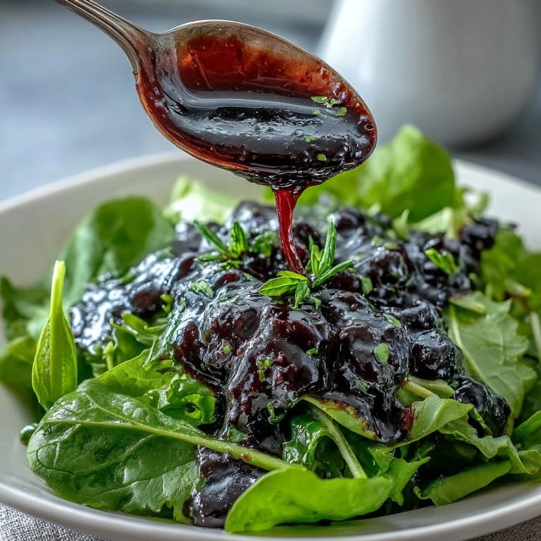 Black Currant Vinaigrette drizzled over roasted root vegetables, highlighting the glossy, berry-rich dressing.