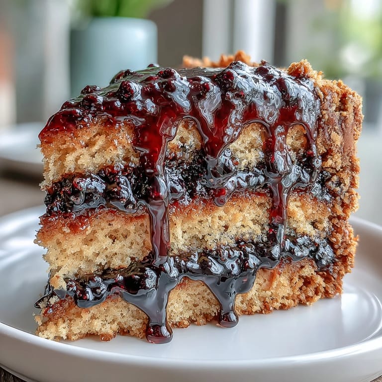 A plated wedge of PB and J cake drizzled with glossy, deep purple black currant sauce on white ceramic.
