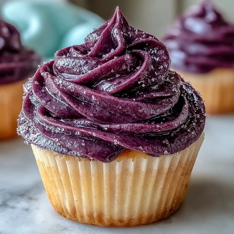 A bowl of vibrant Black Currant Frosting, ready to spread on a layered cake.