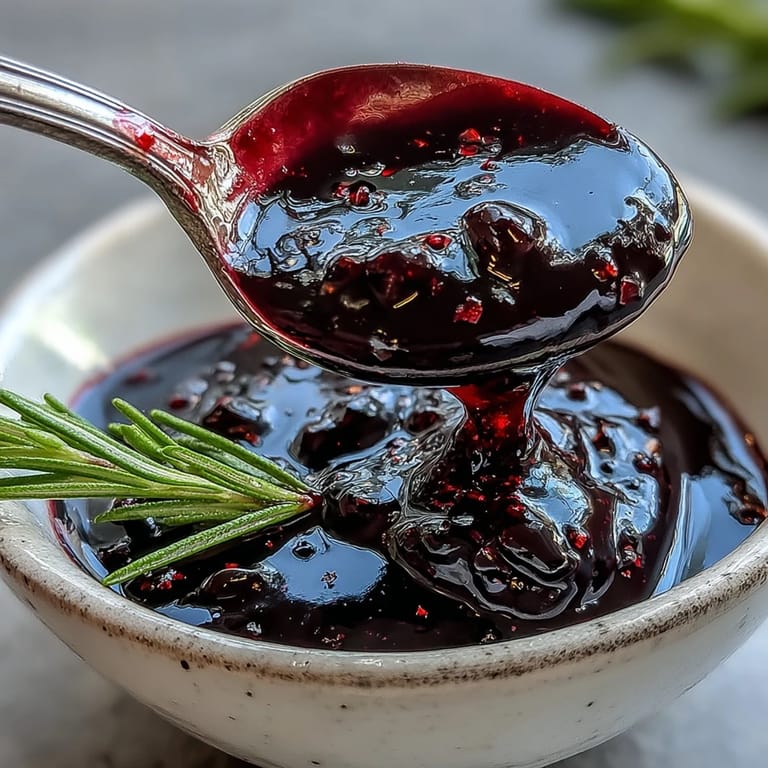 A finished Black Currant and Rosemary Reduction drizzled over roasted lamb, showcasing a glossy, deep purple sauce. 