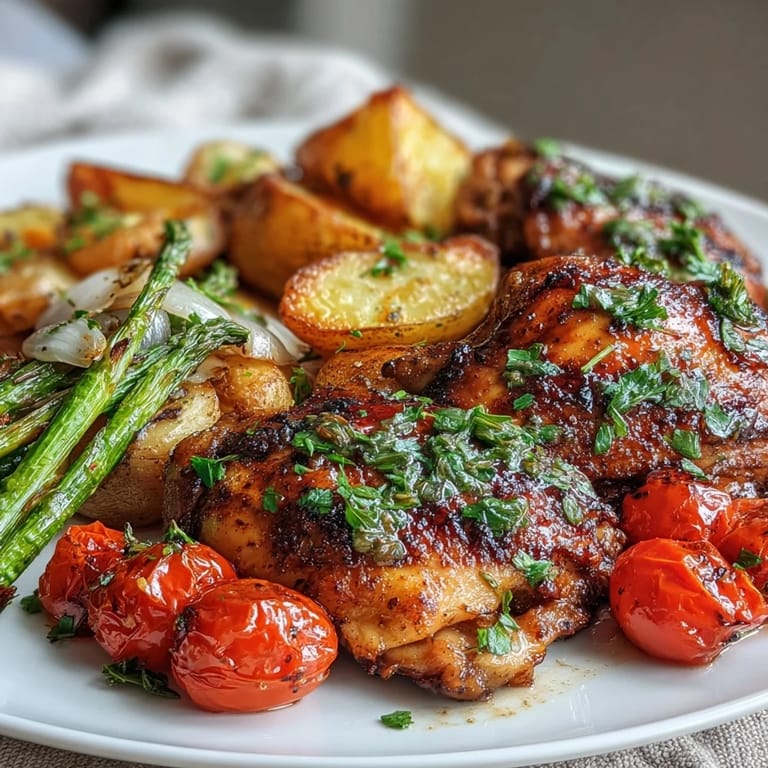 Vibrant sheet pan dinner of chicken, zucchini, and cherry tomatoes, roasted until tender and topped with fresh basil.
