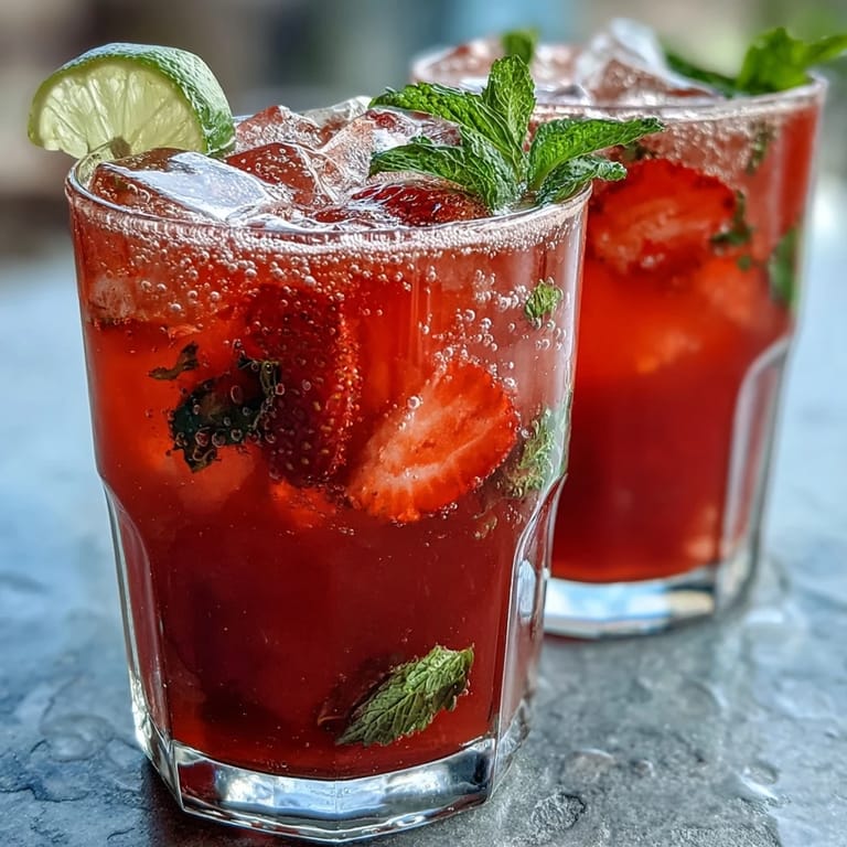 Bubbling strawberry lemon mocktail served over ice with fresh mint garnish, offering a sweet and tangy non-alcoholic refreshment.