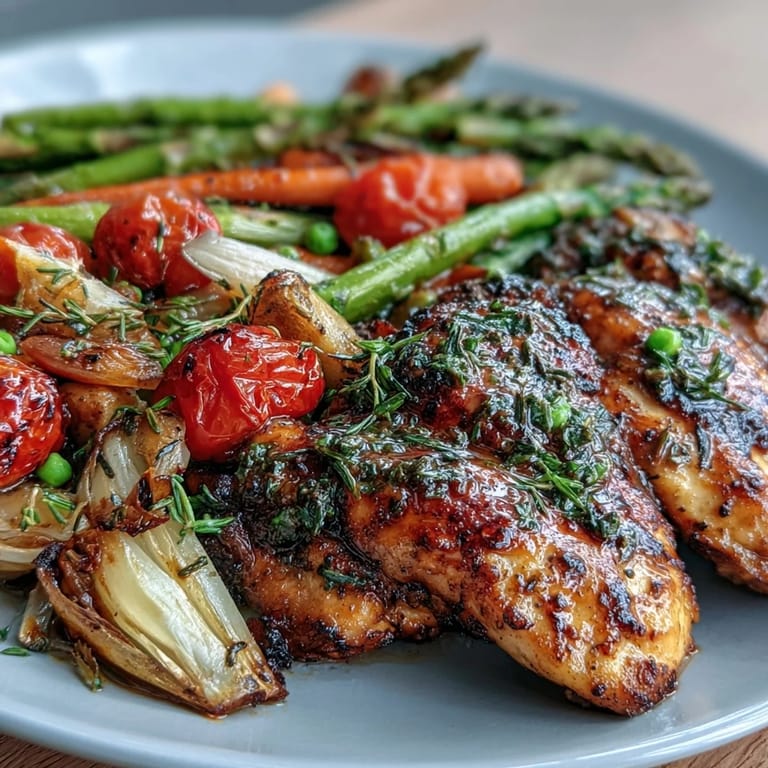 Healthy easy sheet pan chicken dinner, featuring juicy chicken and colorful spring veggies for a nutritious weeknight meal.  