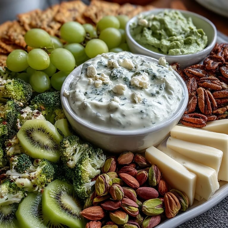 Vibrant green snack board featuring sliced kiwis, honeydew melon, snap peas, and Irish cheddar perfect for St. Patrick's Day gatherings.  