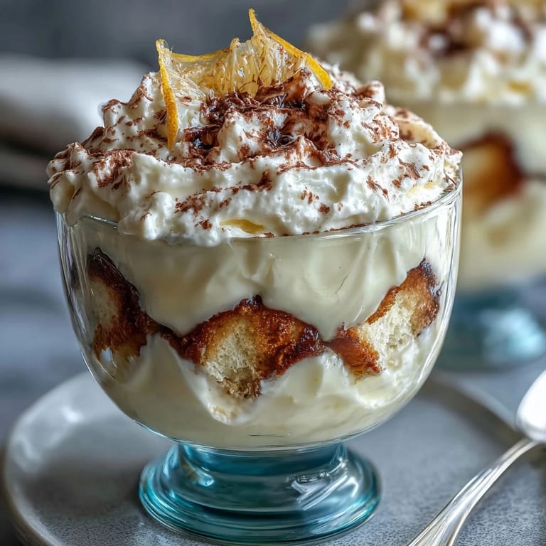 Individual limoncello tiramisu cups featuring airy mascarpone cream, bright citrus zest, and delicate ladyfinger layers in elegant glassware.