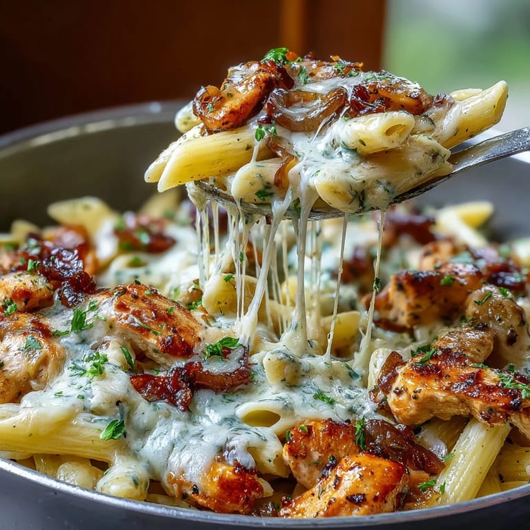 Cozy French onion chicken pasta, featuring golden caramelized onions, juicy chicken, and a creamy cheese sauce in one skillet.