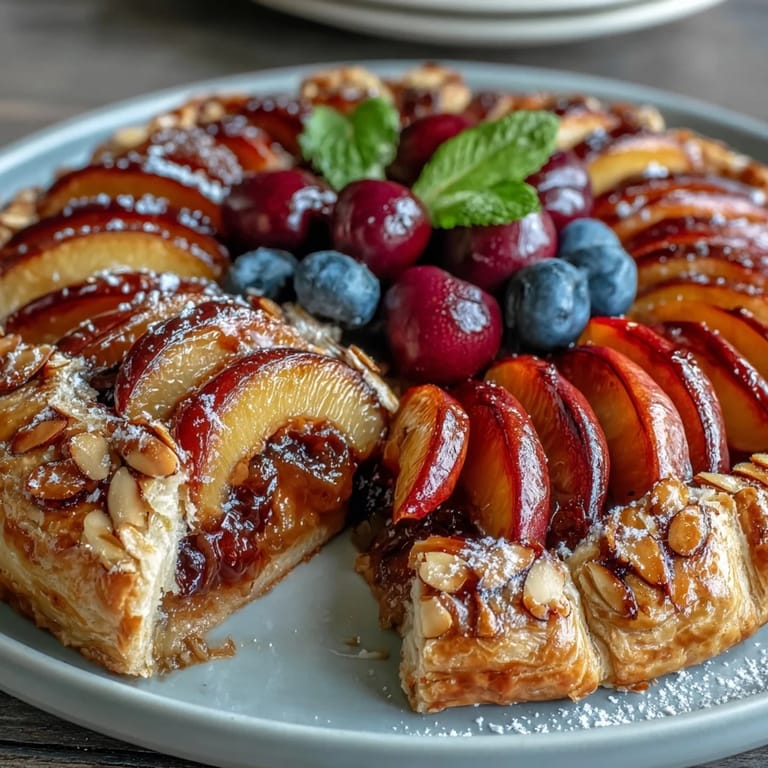 2. A golden, buttery galette filled with juicy stone fruits and creamy almond frangipane, perfect for showcasing summer's best produce.  