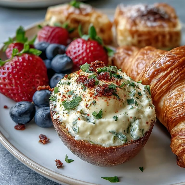 Vibrant Easter brunch platter featuring deviled eggs, seasonal fruit, and assorted pastries on a large board.
