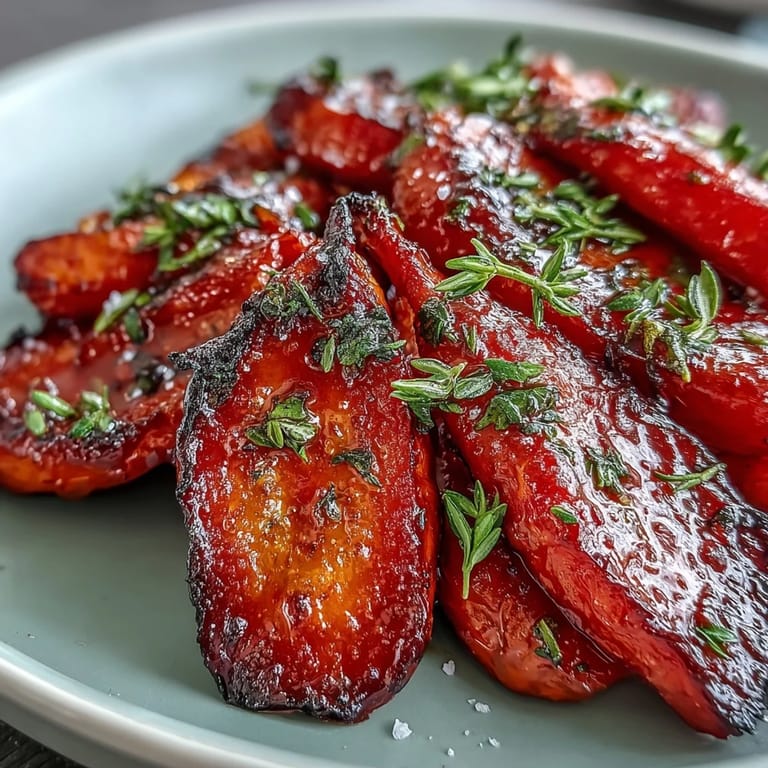 Oven-roasted carrots drizzled with honey and sprinkled with thyme, creating a glossy, fragrant vegetable side for holiday meals.