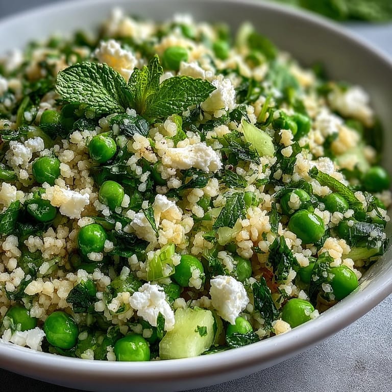 Close up of couscous salad with peas and mint served on a platter, garnished with feta and lemon zest.