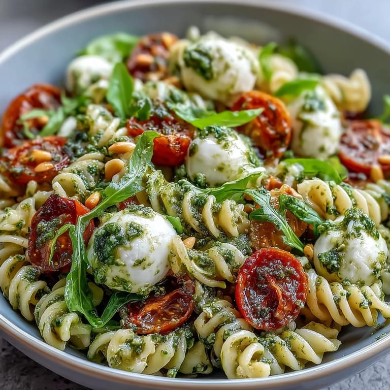 Close-up of vibrant pasta salad featuring cherry tomatoes, mozzarella, and basil leaves, drizzled with pesto dressing.  