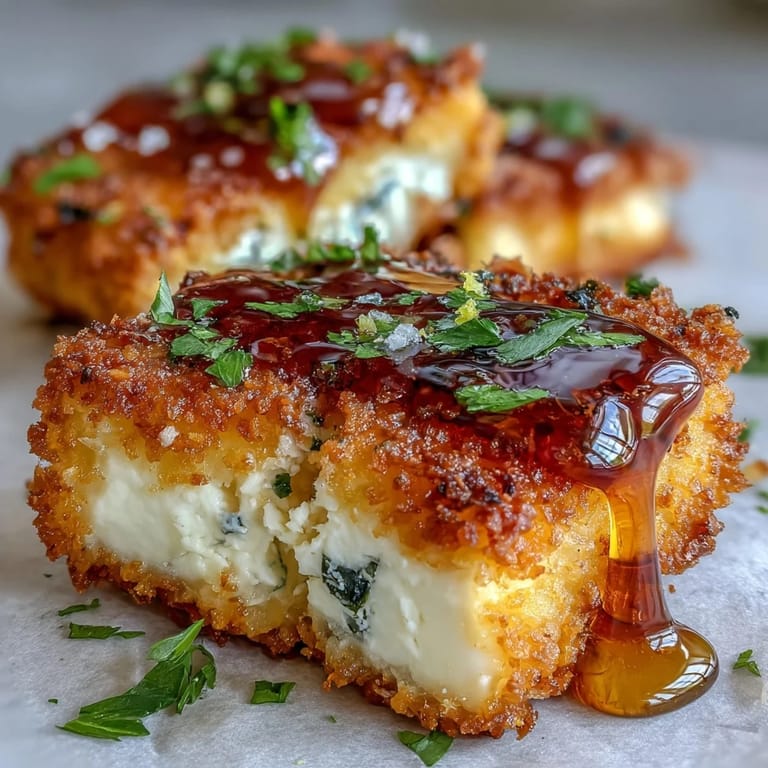 Baked panko-crusted feta appetizer, salty, sweet, and delightfully crunchy.