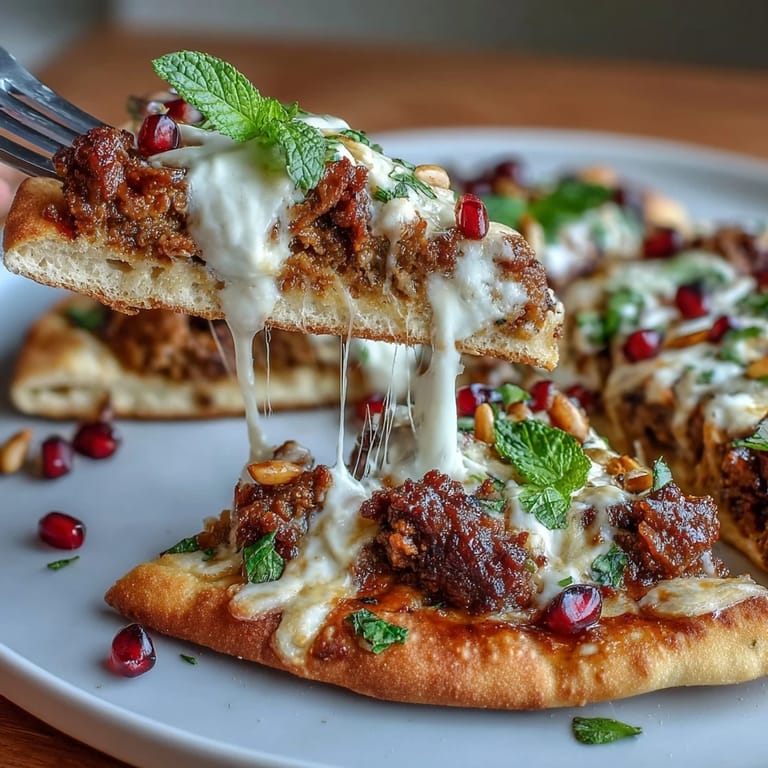Middle Eastern spiced lamb flatbread pizza, bright with herbs, yogurt, and pomegranate.