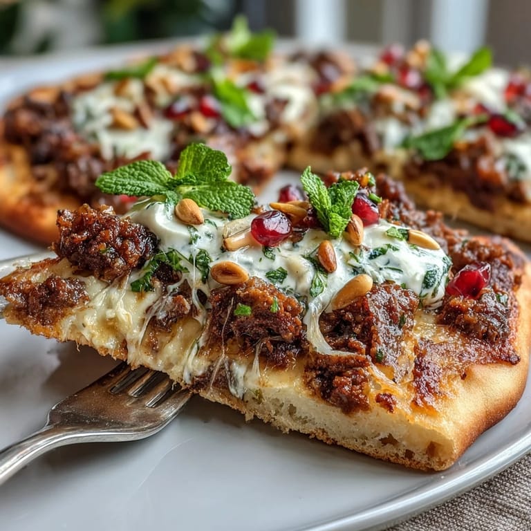 Delicious spiced lamb flatbread pizza, artfully garnished with fresh mint and yogurt.
