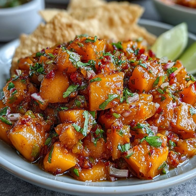 Colorful mango habanero salsa, topped with fresh cilantro, ready to serve with chips.