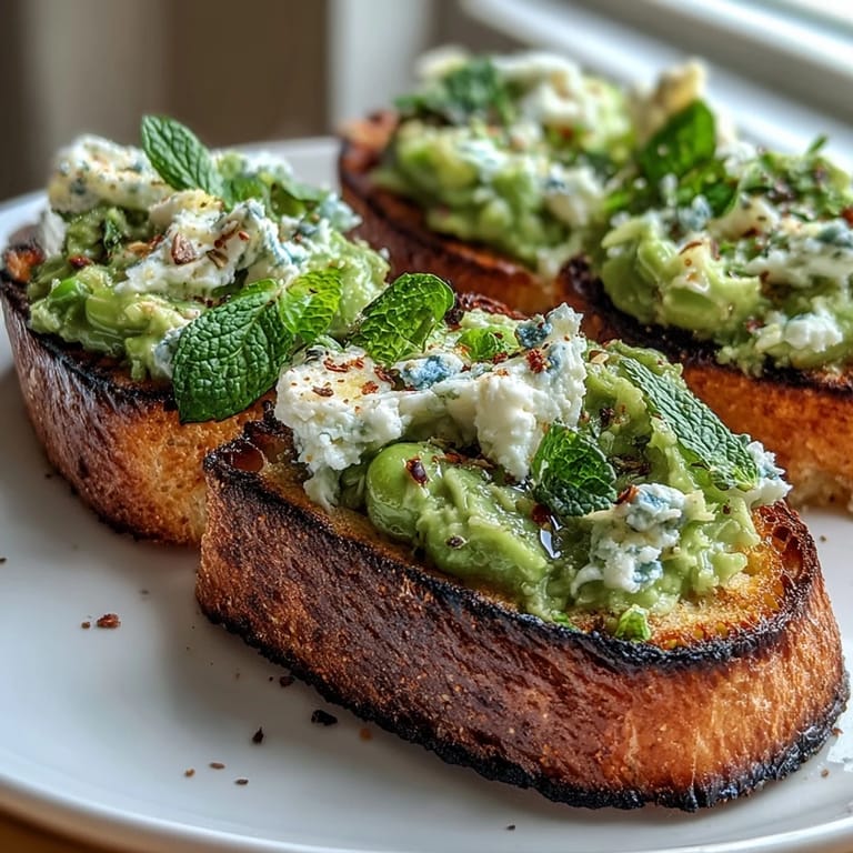 Creamy fava bean mint topping on toasted sourdough, perfect spring appetizer.