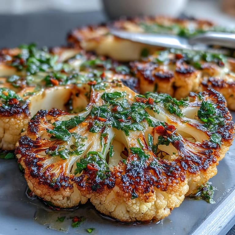 Savory BBQ Cauliflower Steaks, a vibrant vegan main dish with herbaceous chimichurri.