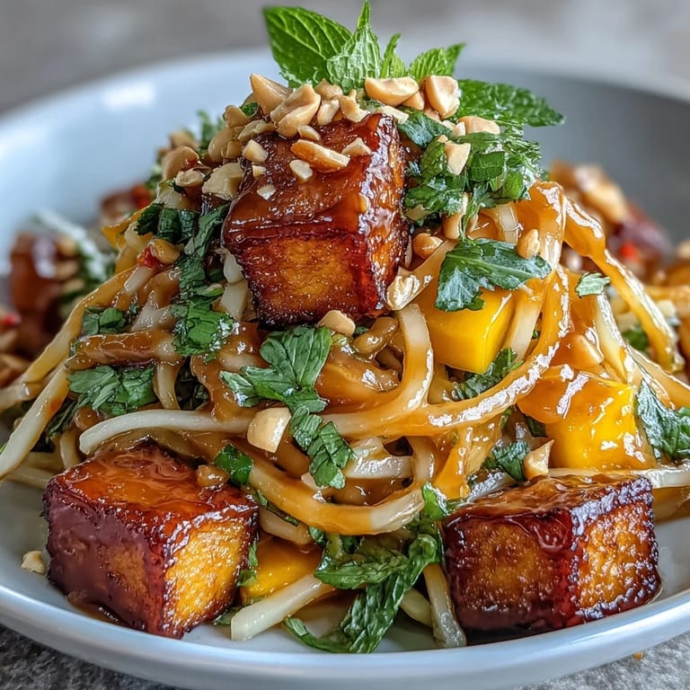 Enjoy this colorful Thai Mango Salad, perfectly topped with golden crispy tofu.