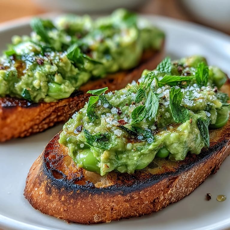 Fresh fava bean and mint spread on charred artisan sourdough bread bites.