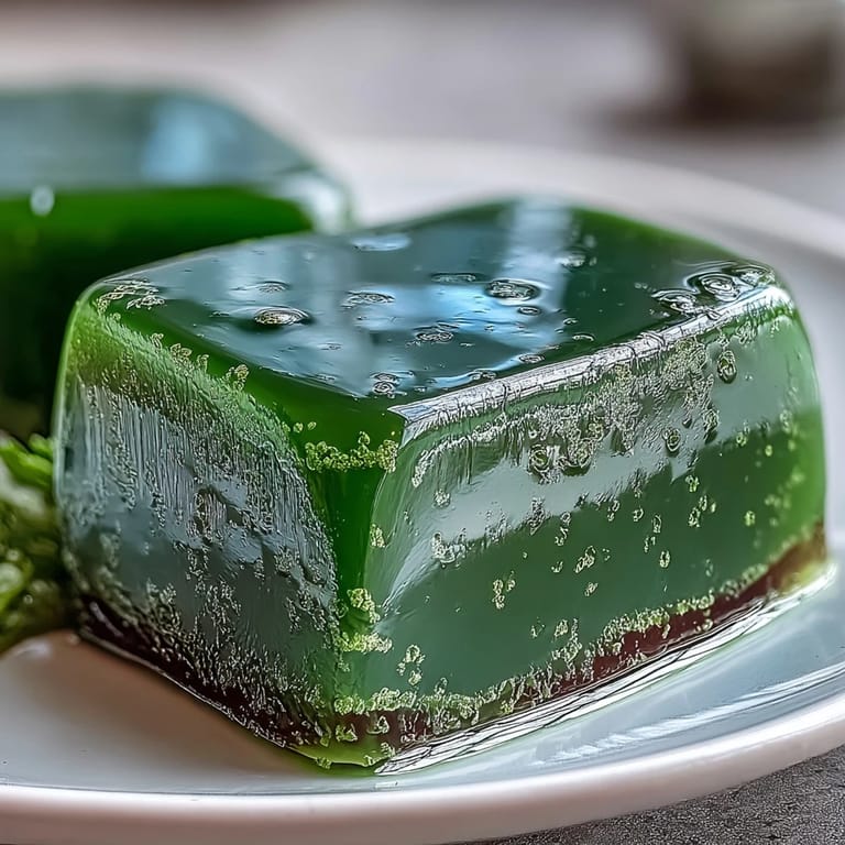 Closeup of Yokan Japanese Red Bean Jelly with Matcha, ready to serve.