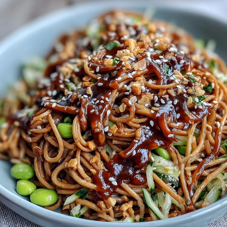 Enjoy this refreshing Sesame Ginger Noodle Bowl, served cold with a zesty dressing.