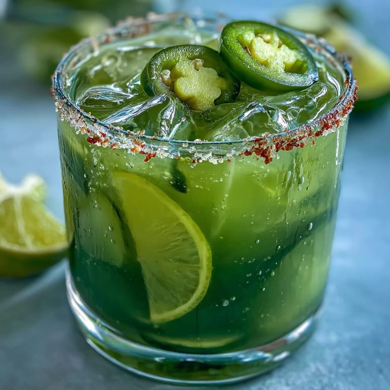 Vibrantly garnished viral pickle margarita mocktail ready to enjoy on a hot day.