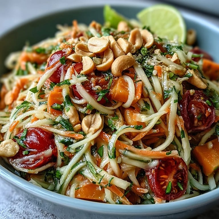 Garden-fresh Som Tam salad, showcasing crisp papaya, chili, and crunchy peanuts.