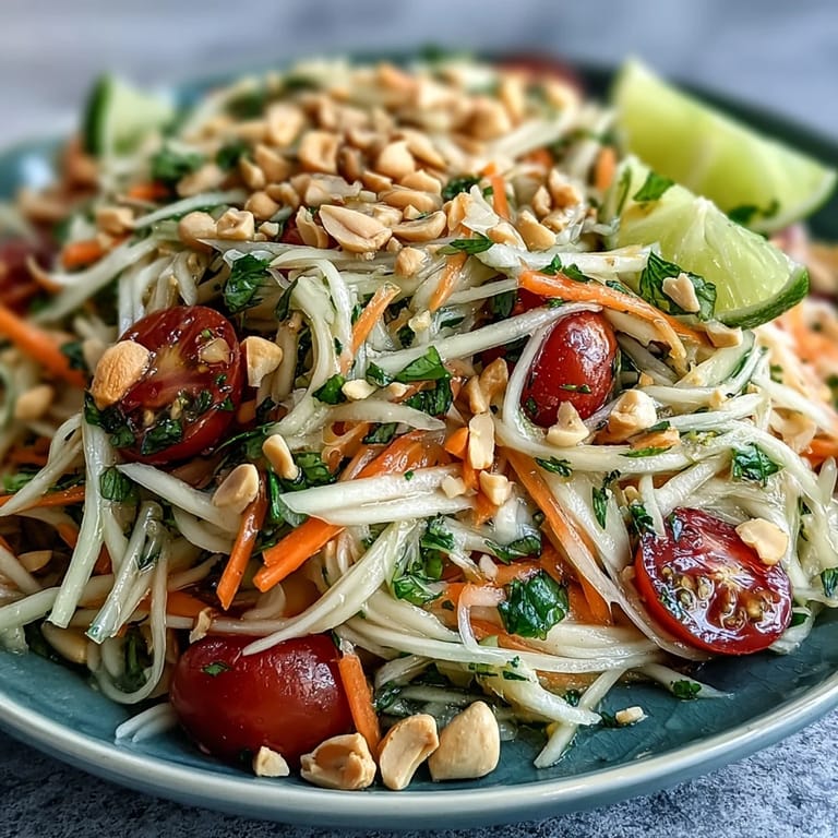 Bright Som Tam: colorful shredded papaya salad ready to be served with lime.