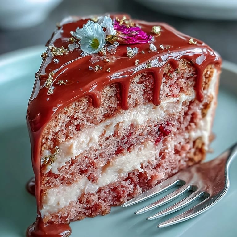 Beautifully decorated Rosé Velvet Cake with delicate rosé essence and shimmering gold details ready to serve.
