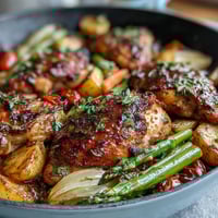 Vibrant sheet pan chicken with spring vegetables, roasted to perfection with asparagus, cherry tomatoes, and bell peppers.  