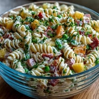 Colorful Hawaiian pasta salad with ham, pineapple, and creamy ranch dressing in a serving bowl.