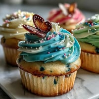 Delicate vanilla cupcakes topped with pastel buttercream and butterfly decorations, perfect for spring celebrations.