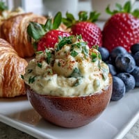 Festive Easter brunch board with deviled eggs, fresh fruit, and pastries arranged for sharing.