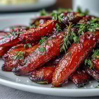 Golden honey-glazed roasted carrots with fresh thyme, caramelized to perfection for a sweet and savory Easter side dish.
