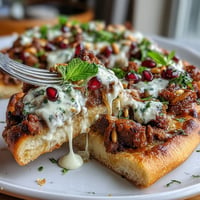 Warm spiced lamb pizza, topped with cool yogurt and ruby pomegranate seeds.